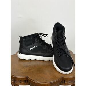 Sorel Black Leather Fabric Mid High Top Sneakers Kinetic Booties Women's 12
